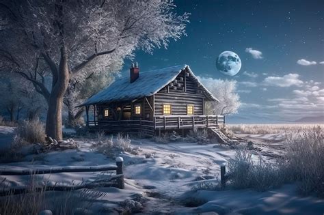 Premium AI Image | A winter scene with a log cabin in the snow.