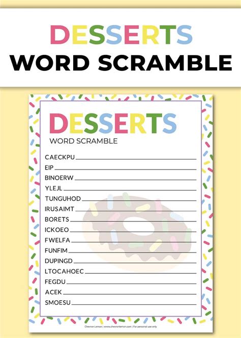 Printable desserts word scramble - Chevron Lemon