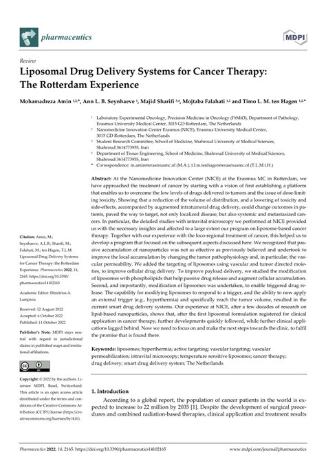 (PDF) Liposomal Drug Delivery Systems for Cancer Therapy: The Rotterdam ...