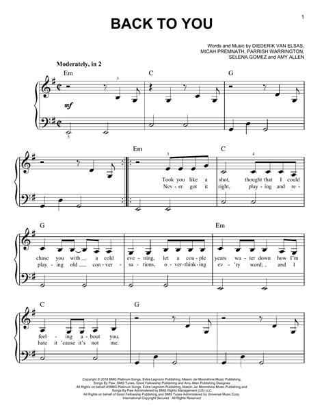 Back To You Sheet Music by Selena Gomez for Piano/Keyboard | Noteflight