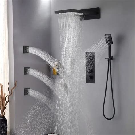 Luxury Wall Mounted Waterfall Rain Shower System with 3 Body Sprays & Handheld Shower Solid ...