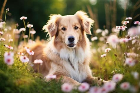 Premium AI Image | beautiful dog with flowers outdoor