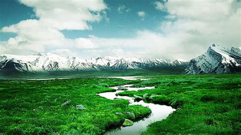 HD wallpaper: field, greenfield, creek, brook, mountains, clouds | Wallpaper Flare