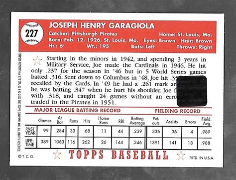 JOE GARAGIOLA 2001 Topps Archives Certified Autograph Issue #227 autograph | Heroes Sports Cards