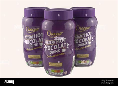 Instant hot chocolate drink in a purple plastic jar. Aldi own brand ...