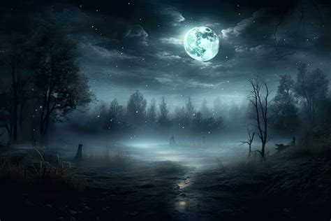 Dark forest. Gloomy dark scene with trees, big moon, moonlight. Smoke ...