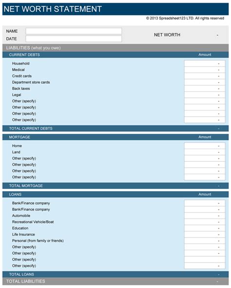 Net Worth Statement Template for Excel