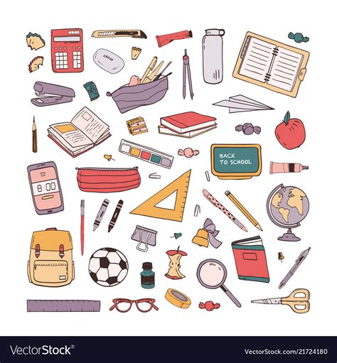 Collection of school stationery items hand drawn Vector Image