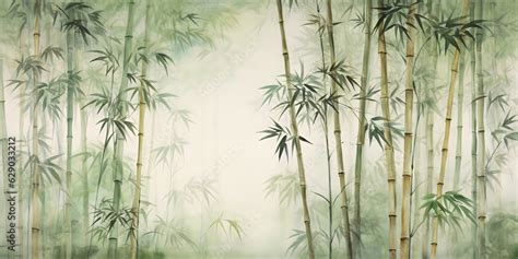 Tall tropical bamboo wall mural painted art, watercolor art style ...