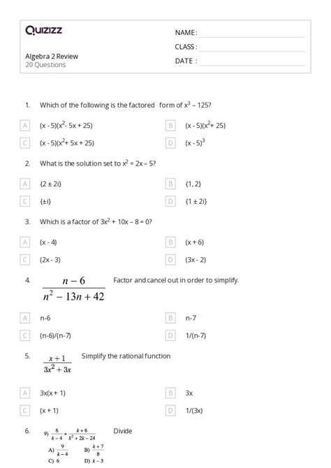 50+ Algebra 2 worksheets for 12th Grade on Quizizz | Free & Printable