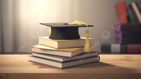 Yellow Graduation Cap Rests On Top Of A Stack Of Books Background, 3d ...