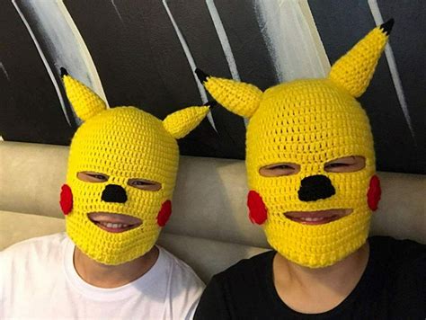 Kawaii Clothing Pikachu Ski Mask Pokemon Knitted Costume Funny Head Harajuku Emo - Hats