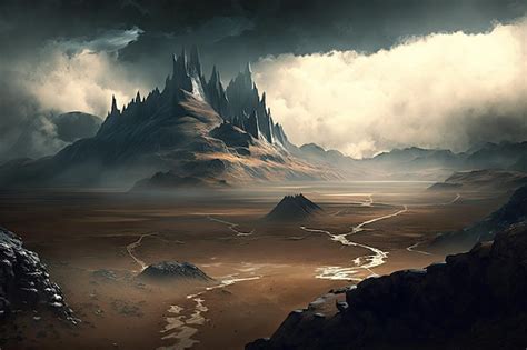 Premium AI Image | Mordor landscape with mist rolling over the barren lands