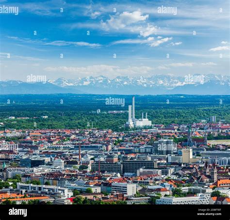 Aerial view of Munich from Olympiaturm (Olympic Tower). Munich, Bavaria ...