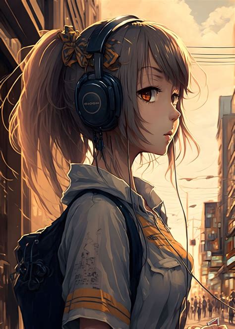 'Anime Girl with Headphones' Poster, picture, metal print, paint by David Godbehere | Displate