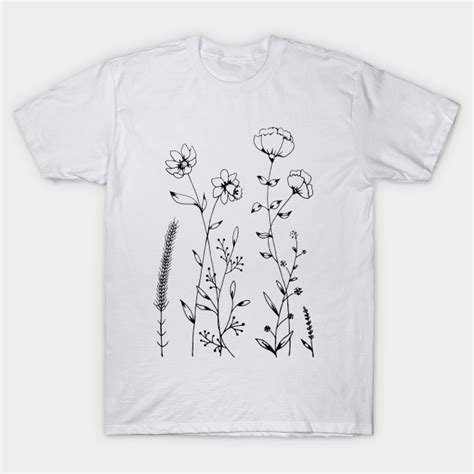 Simple Black and White Flowers and Leaves Design - Line Art Drawing - T ...