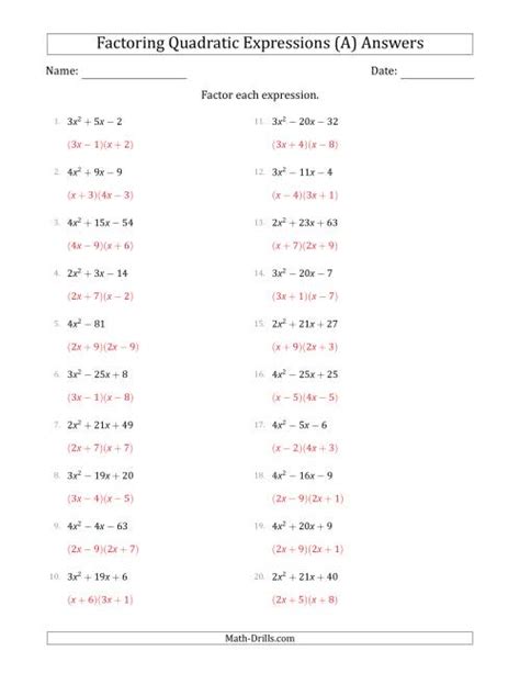 Factoring Quadratic Expressions with Positive 'a' Coefficients up to 4 (A)