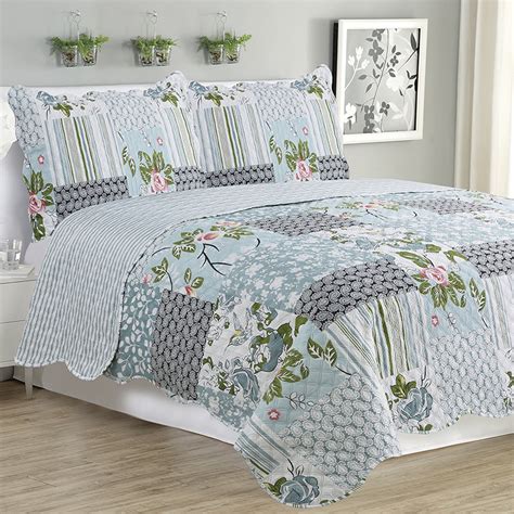 Kim - 3 Piece Quilt bedspread Set queen & king size - Silver Bird Floral - Walmart.com