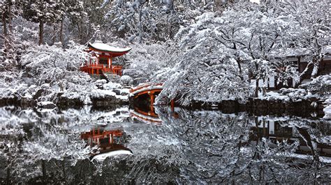 Japan, Temple, Snow, Winter, Reflection, Pond, Kyoto Wallpapers HD / Desktop and Mobile Backgrounds