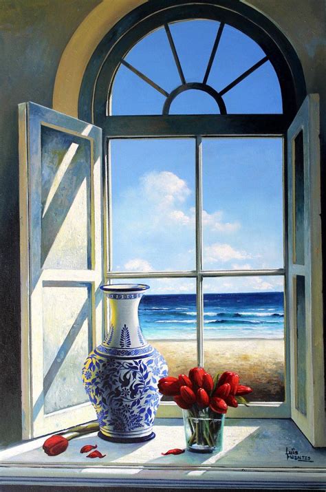 Luis Fuentes - Open Window with Chinese Vase original Sea Landscape ...