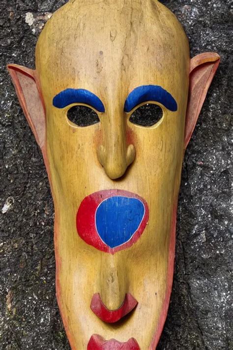 a flat carved wooden elf mask face, staring eyes, | Stable Diffusion | OpenArt
