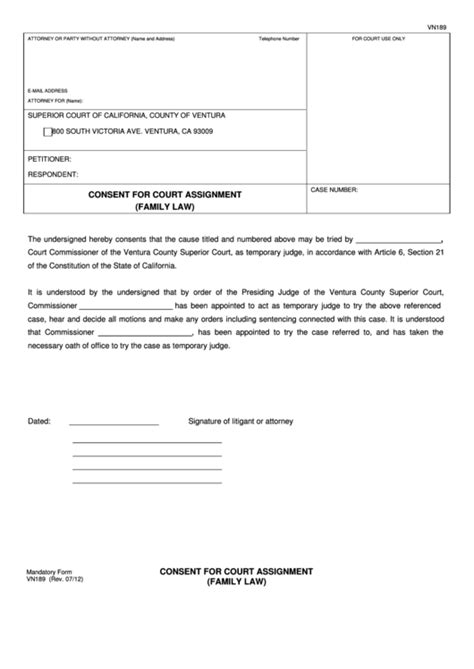 Fillable Mandatory Form Vn189 - Consent For Court Assignment (Family ...