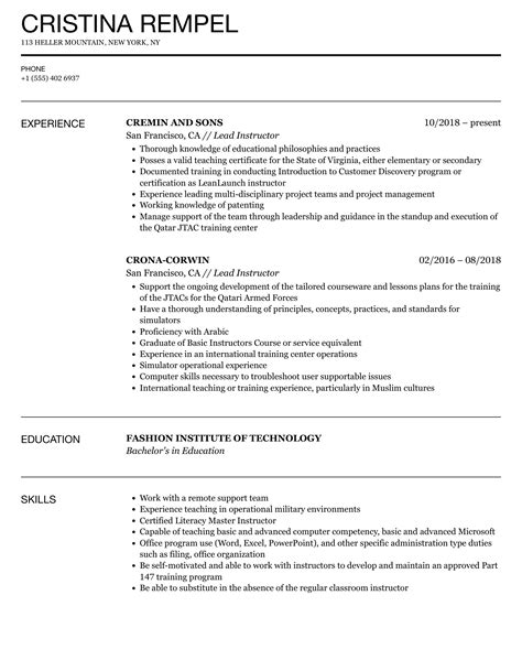 Lead Instructor Resume Samples | Velvet Jobs