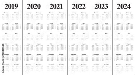 Year 2019 2020 2021 2022 2023 2024 calendar vector design template ...