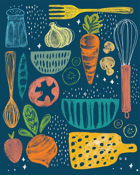 an illustration of vegetables and utensils on a dark blue background with white stars