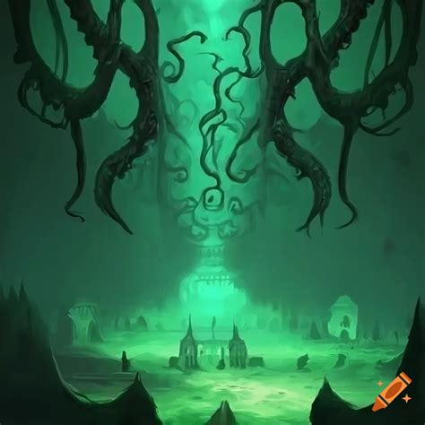 The lost city of r'lyeh, cthulhu mythos, lovecraftian horror, eldritch architecture, eerie green ...