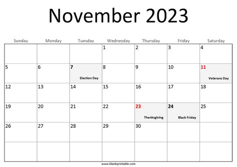 November 2023 Calendar Printable with US Holidays, Notes, Monday Start