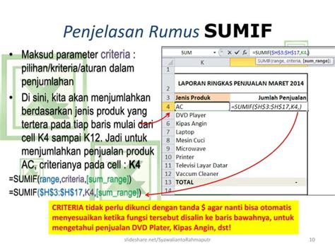 Belajar MS Excel - Rumus Sumif (penjumlahan pintar, memilih data berdasarkan kriteria) | PPT