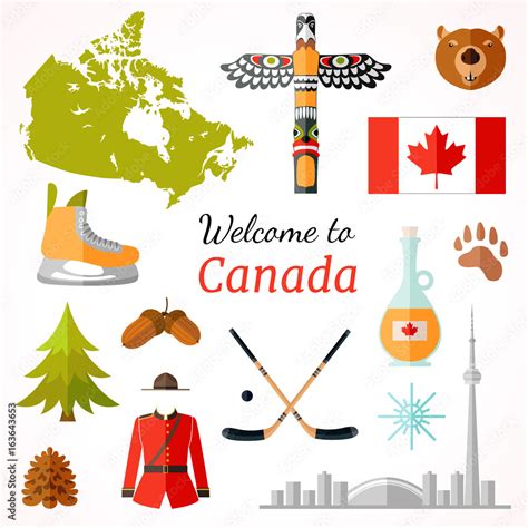 Travel banner with famous Canadian symbols, culture element, icons for ...