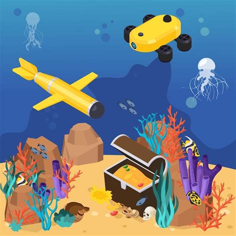 Premium Vector | Isometric colored underwater vehicles machines equipment composition underwater ...