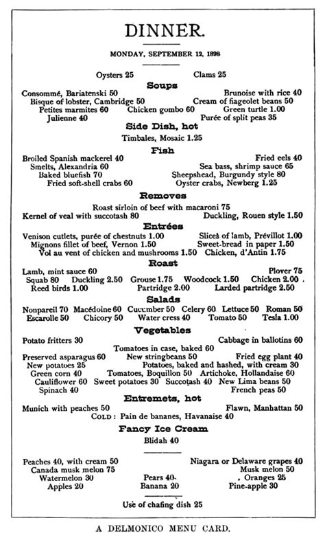 Menu: Delmonico'S, 1898. /Ndinner Menu For Delmonico'S Restaurant In New York City, 12 September ...