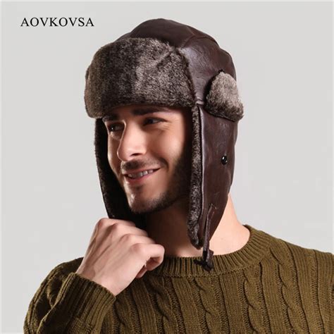 AOVKOVSA 2017 Russian Fur Faux Leather Adult Warm Winter Hats for Men Ushanka Bomber Hat -in ...