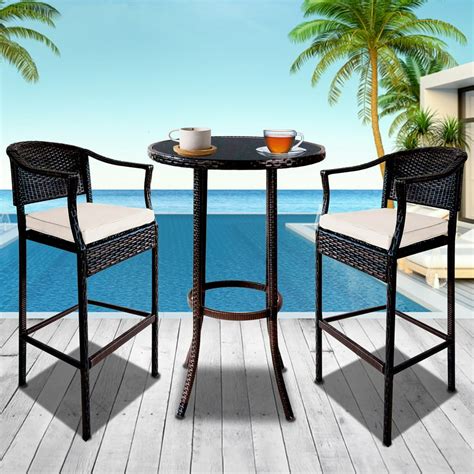 3 Pieces Outdoor Bar Stools Set, Modern PE Rattan Patio Conversation ...