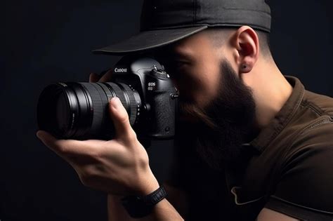 Premium AI Image | A man with a beard takes a photo of a camera.