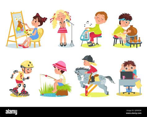 Kids hobbies. Little children characters engaged in various activities. Creative boys and girls ...