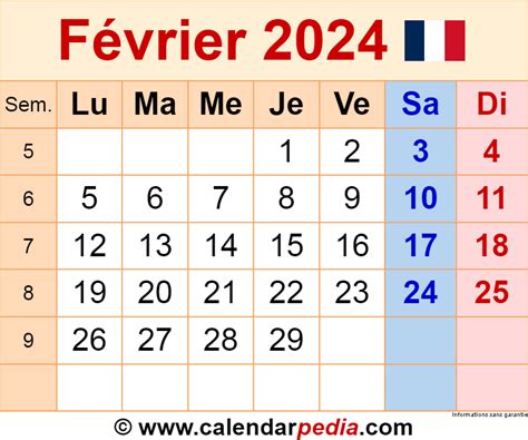 Calendrier février 2024 Excel, Word et PDF - Calendarpedia