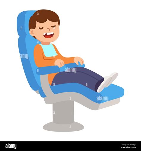 Cute cartoon boy sitting in dental chair with opened mouth and missing or broken tooth. Funny ...