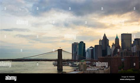 Manhattan skyline and Brooklyn bridge at sunset photographed by manhattan Bridge Stock Photo - Alamy