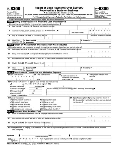 Fillable Form 8300 - Report Of Cash Payments Over 10,000 Received In A Trade Or Business ...