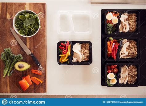 Overhead Shot of Ingredients and Containers for Batch of Healthy Meals ...