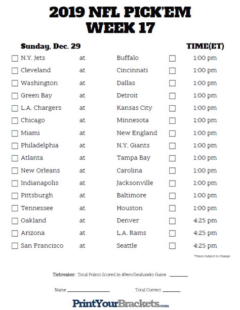 Printable NFL Week 17 Schedule Pick em Pool 2023 | Football pool, Nfl ...