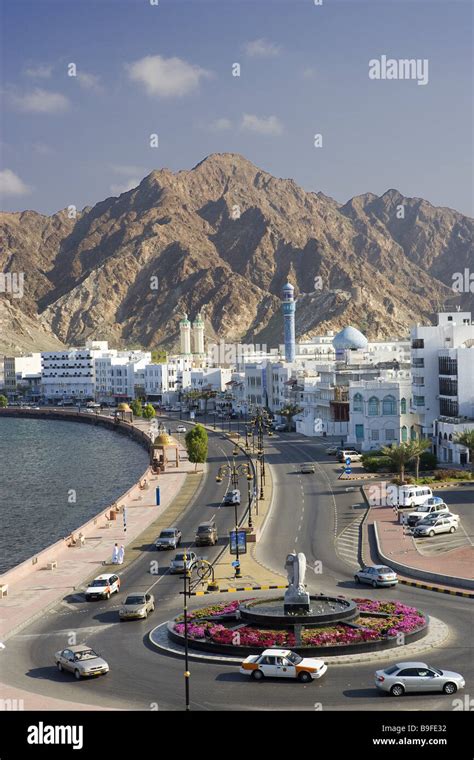 Oman Muscat Dhow Bay city view street scenery sultanate city capital houses buildings ...