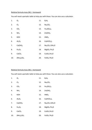 Relative formula Mass worksheet and answer sheet by hazcard Teaching ...