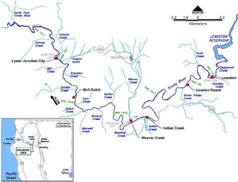 Trinity River location map, highlighting the 64-km Project Reach from ...