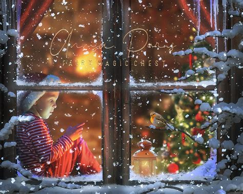 Christmas Digital Background Window , Snowy Scene Digital Backdrop . Back Interior, Glass ...