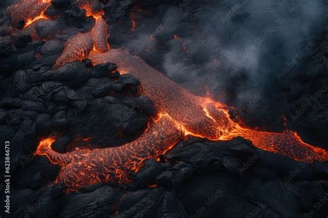 Top view of magma erupting from volcano, hot magma is flowing, magma ...